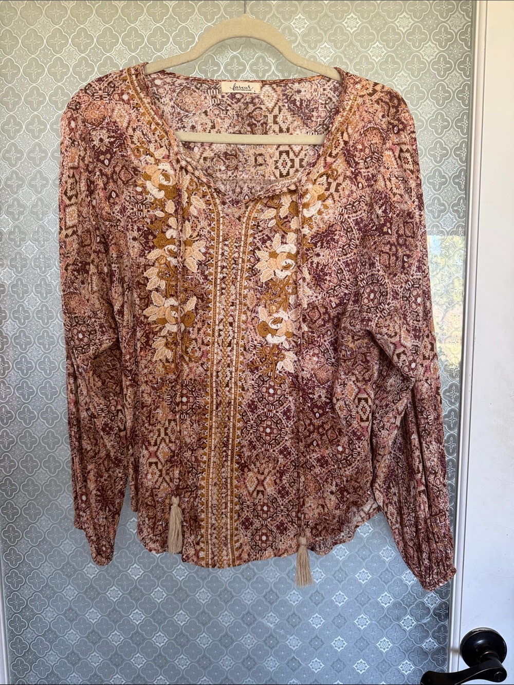 Boho Embroidered Long-Sleeve Peasant Top in Rust Pink